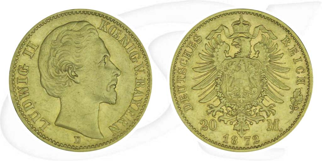 Deutschland 20 Mark Gold 1872 D ss Bayern Ludwig II. Münze Vorderseite und Rückseite zusammen