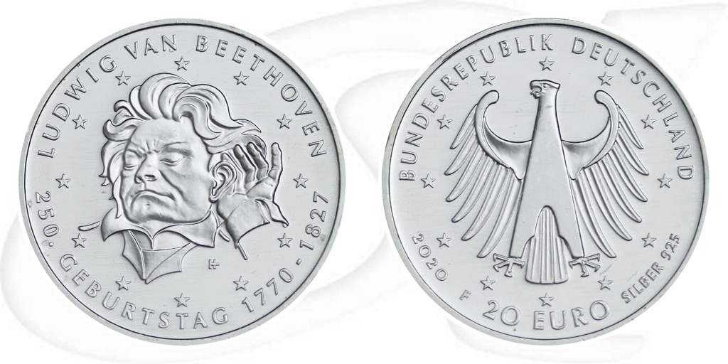 Deutschland Beethoven 20 Euro 2020 Münze Vorderseite und Rückseite zusammen