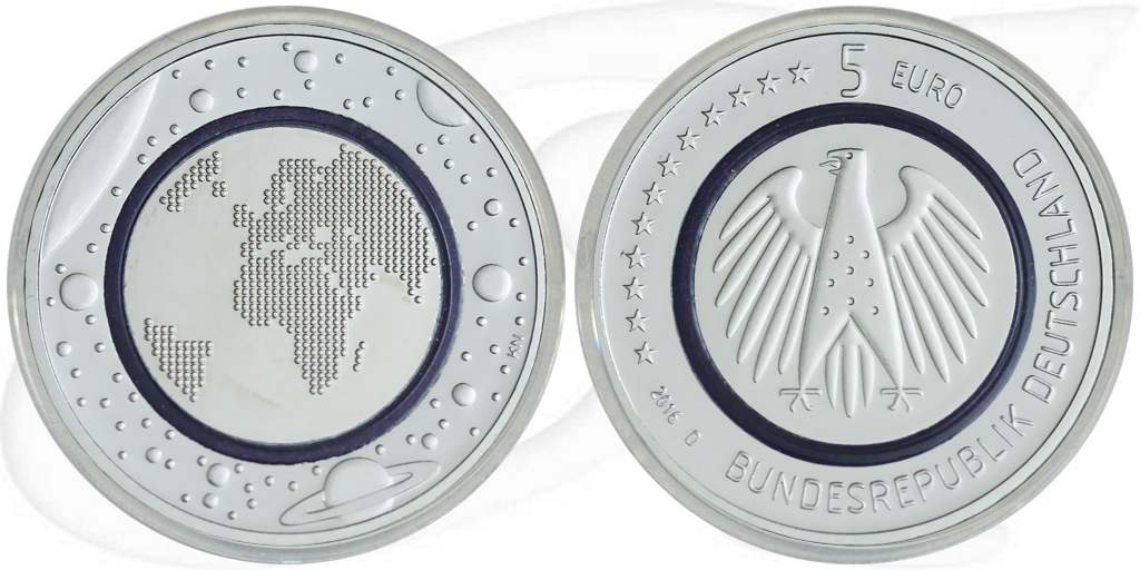 Deutschland Blauer Planet Erde 2016 5 Euro Münze Vorderseite und Rückseite zusammen