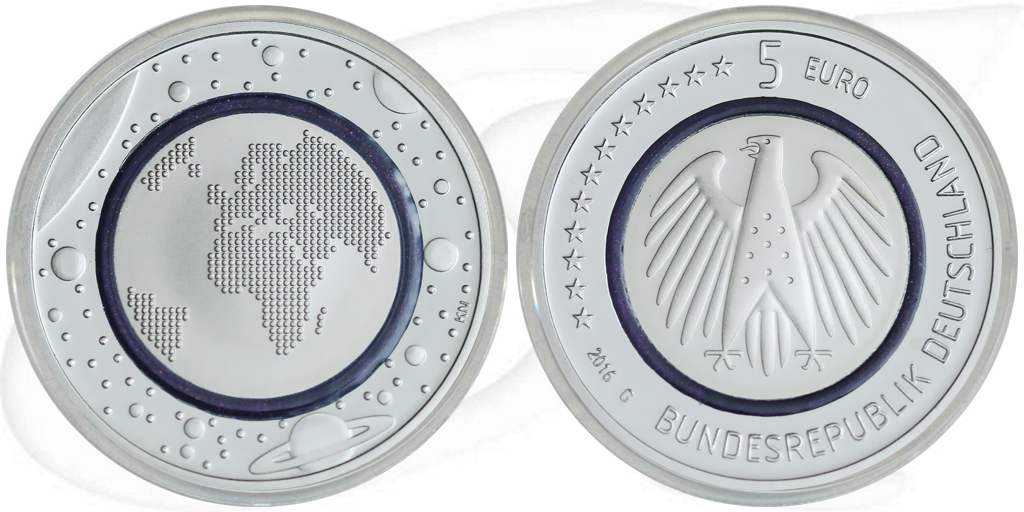 Deutschland Blauer Ring 2016 5 Euro Planet Erde Münze Vorderseite und Rückseite zusammen