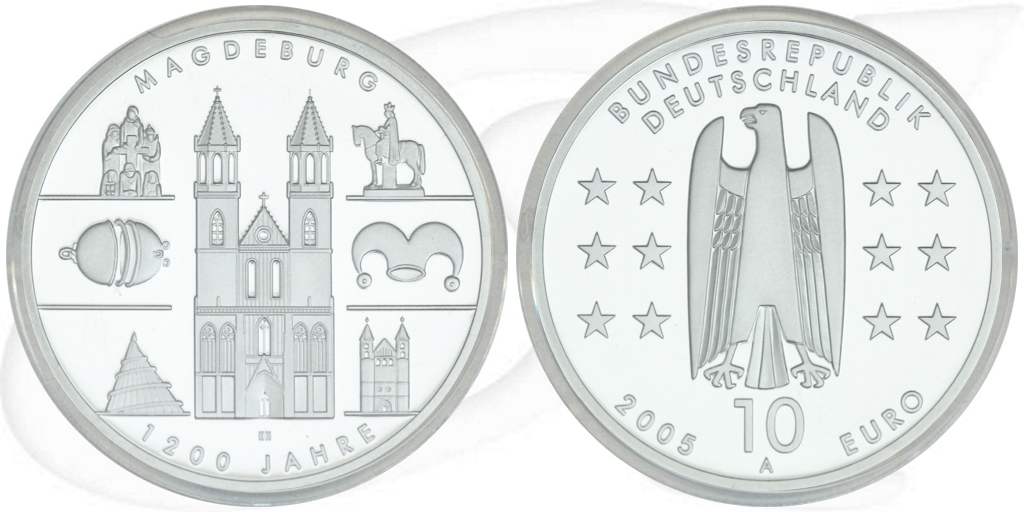 BRD 10 Euro Silber 2005 A Magdeburg PP (Spiegelglanz) Münze Vorderseite und Rückseite zusammen