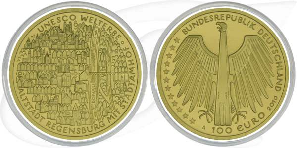BRD 100 Euro 2016 A Gold 15,55g fein st OVP Altstadt Regensburg