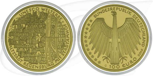 BRD 100 Euro 2016 G Gold 15,55g fein st OVP Altstadt Regensburg