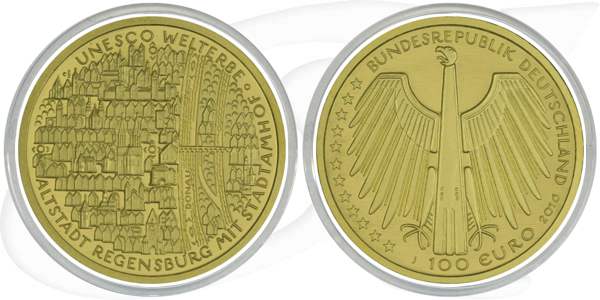 BRD 100 Euro 2016 J Gold 15,55g fein st OVP Altstadt Regensburg