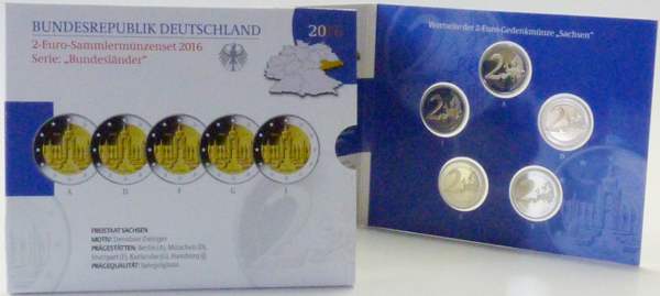 BRD 2 Euro 2016 ADFGJ PP (Spgl) OVP Sachsen - Dresdner Zwinger