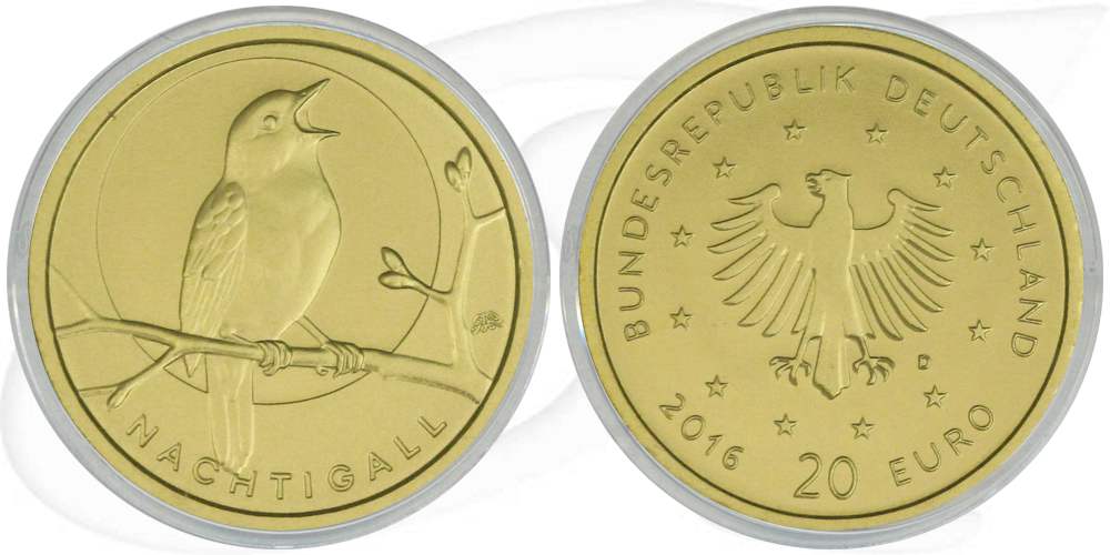 BRD 20 Euro 2016 D st/OVP Gold Heimische Vögel - Die Nachtigall