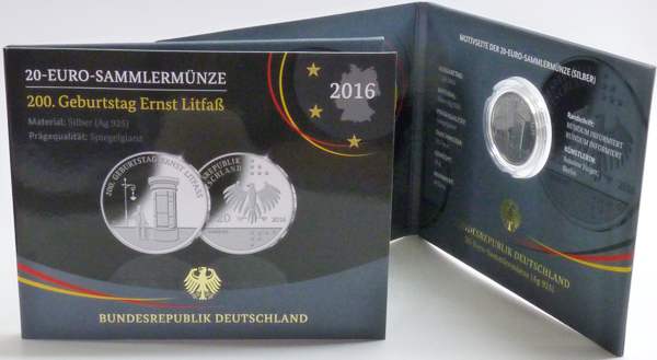 BRD 20 Euro Silber 2016 D PP (Spgl) OVP 200. Geburtstag Ernst Litfaß