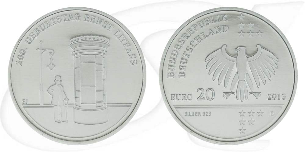 BRD 20 Euro Silber 2016 D st 200. Geburtstag Ernst Litfaß