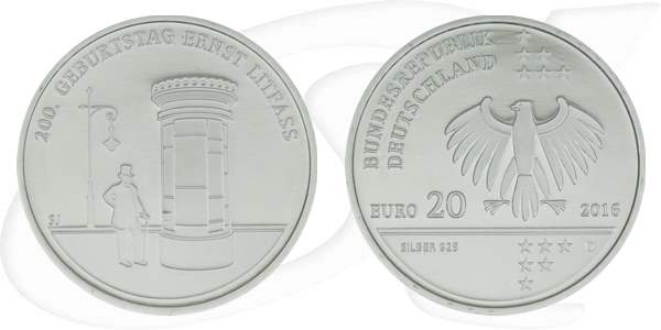 BRD 20 Euro Silber 2016 D PP (Spgl) OVP 200. Geburtstag Ernst Litfaß