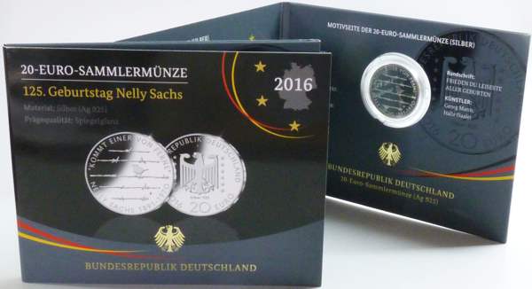 BRD 20 Euro Silber 2016 F PP (Spgl) OVP 125. Geburtstag Nelly Sachs
