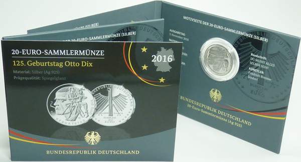BRD 20 Euro Silber 2016 G PP (Spgl) OVP 125. Geburtstag Otto Dix