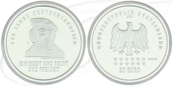 BRD 20 Euro Silber 2016 J PP (Spgl) OVP 175 Jahre Deutschlandlied