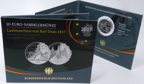 BRD 20 Euro Silber 2017 G PP (Spiegelglanz) OVP Laufmaschine von Karl Drais 1817 im Originalblister