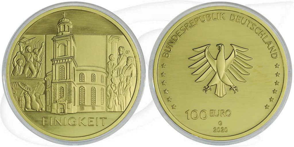 Deutschland Einigkeit 2020 100 Euro Goldmünze Säulen Demokratie Münze Vorderseite und Rückseite zusammen