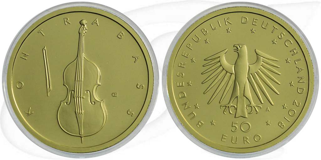 Deutschland 50 Euro 2018 A Kontrabass Gold 7,778 gr. Münze Vorderseite und Rückseite zusammen