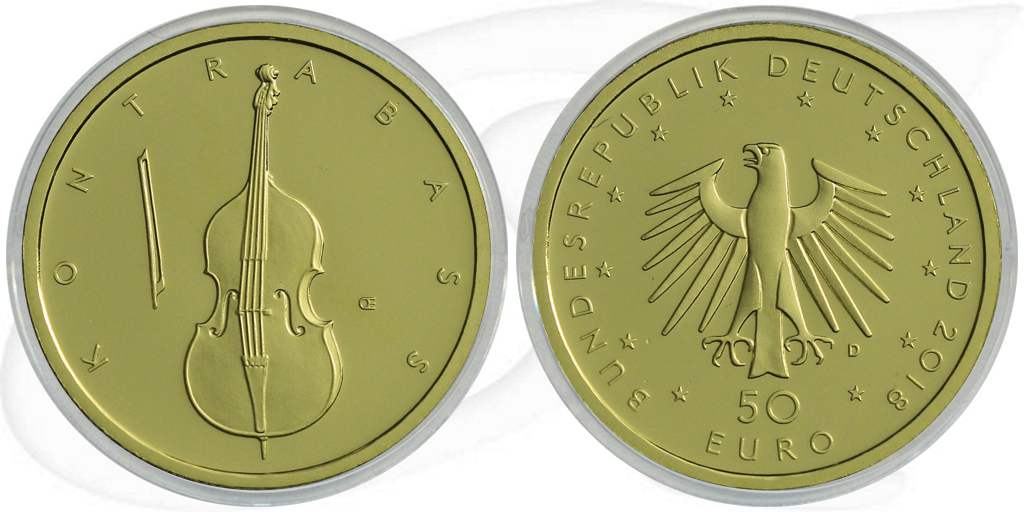 Deutschland 50 Euro 2018 D Kontrabass Gold 7,778 gr. Münze Vorderseite und Rückseite zusammen