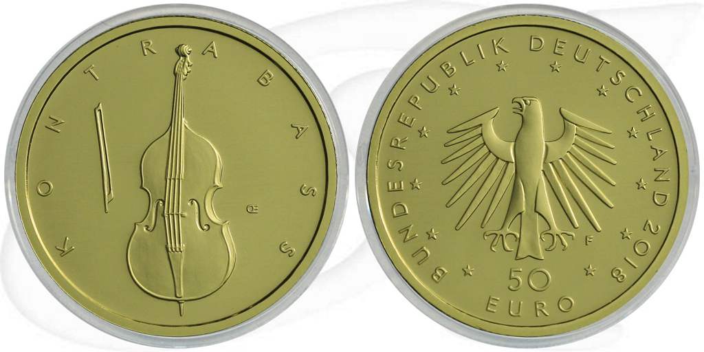 Deutschland 50 Euro 2018 F Kontrabass Gold 7,778 gr. Münze Vorderseite und Rückseite zusammen