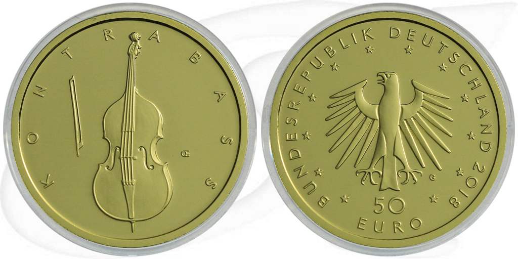 Deutschland 50 Euro 2018 G Kontrabass Gold 7,778 gr. Münze Vorderseite und Rückseite zusammen