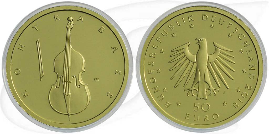 Deutschland 50 Euro 2018 J Kontrabass Gold 7,778 gr. Münze Vorderseite und Rückseite zusammen