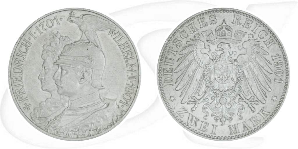 Deutsches Kaiserreich - Preussen 2 Mark 1901 ss-vz 200 Jahre Königreich Münze Vorderseite und Rückseite zusammen