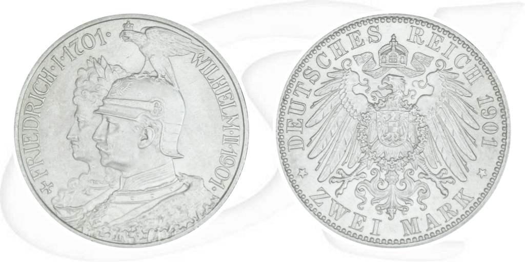 Deutsches Kaiserreich - Preussen 2 Mark 1901 vz-st 200 Jahre Königreich Münze Vorderseite und Rückseite zusammen