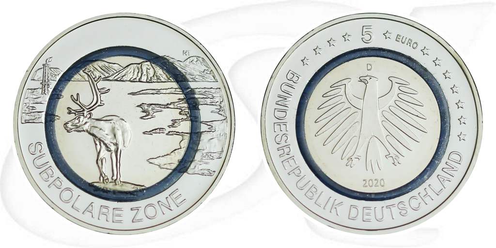 Deutschland Subpolare 2020 5 Euro Zone türkis Münze Vorderseite und Rückseite zusammen