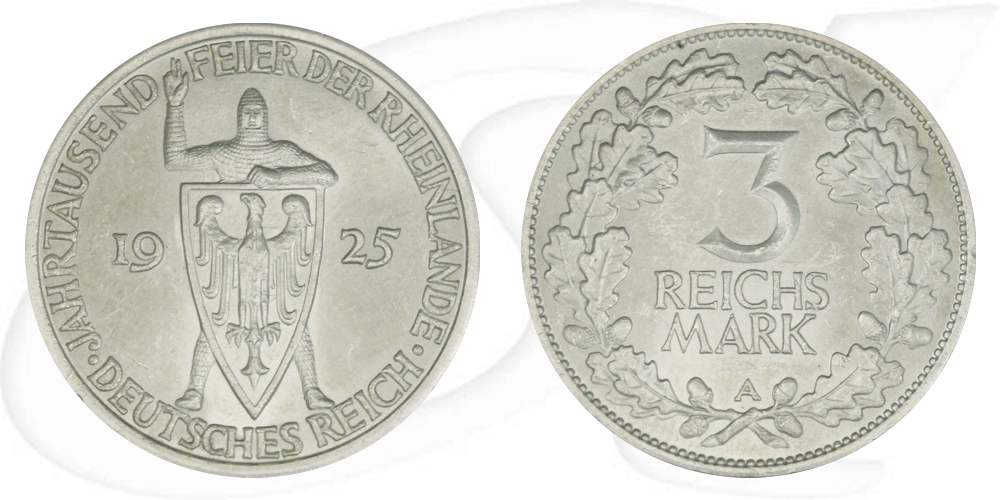 Weimarer Republik 3 Mark 1925 A vz-st Jahrtausendfeier der Rheinlande