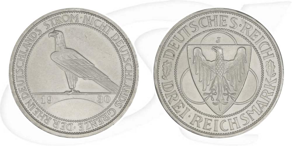Weimarer Republik 3 Mark 1930 J vz-st Rheinlandräumung