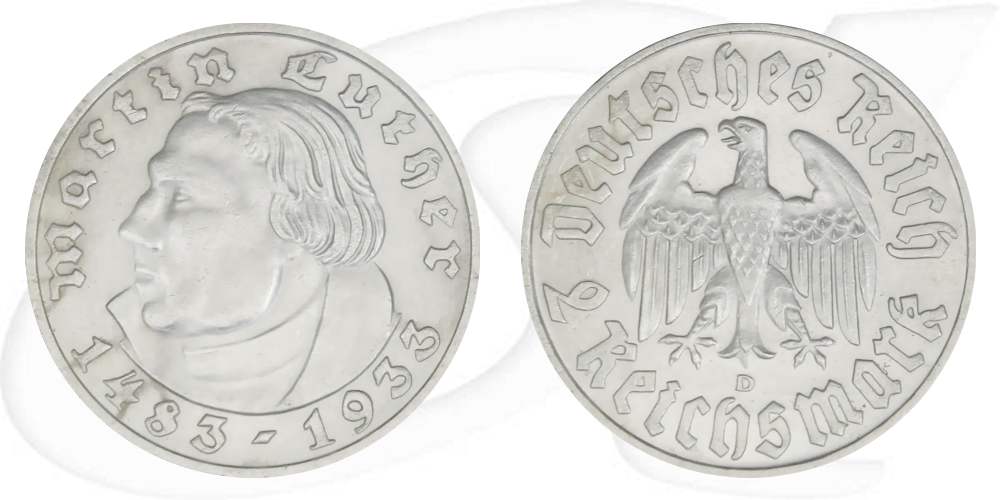 Drittes Reich 2 RM 1933 D vz 450. Geburtstag Martin Luther