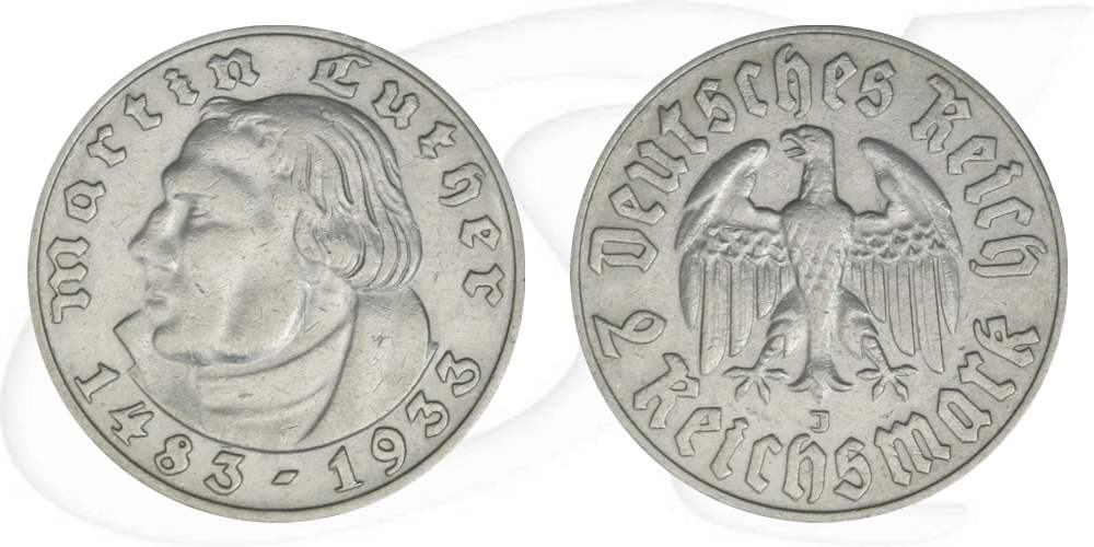 Drittes Reich 2 RM 1933 J ss-vz 450. Geburtstag Martin Luther