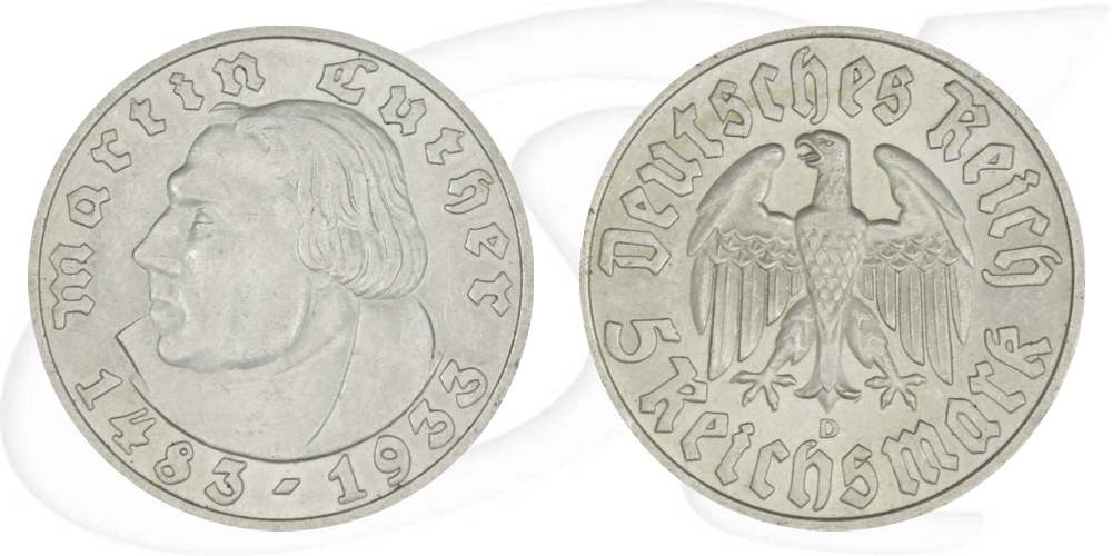 Drittes Reich 5 RM 1933 D vz-st 450. Geburtstag Martin Luther