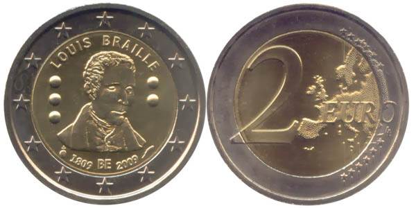 Belgien 2 Euro 2009 Louis Braille prägefrisch/st OVP Münze Vorderseite und Rückseite zusammen
