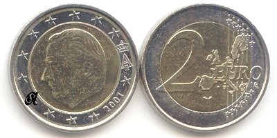 Belgien 2 Euro Kursmünze Umlaufmünze 2001 Bildseite und Wertseite