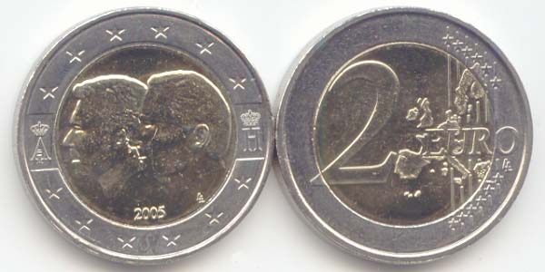 Belgien 2 Euro 2005 Gedenkmünze Ökonomische Union Bildseite und Wertseite