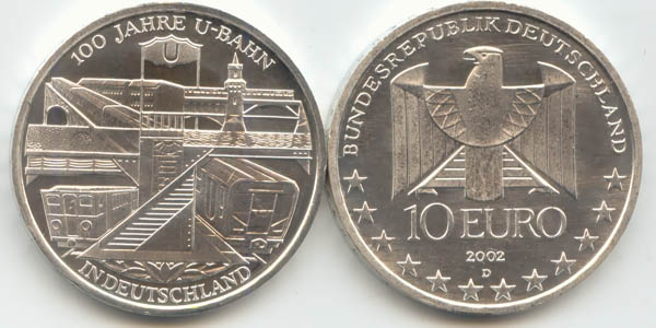 BRD 10 Euro Silber 2002 D 100 Jahre U-Bahn st