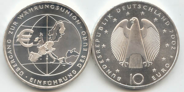 BRD 10 Euro Silber 2002 F Euroeinführung st