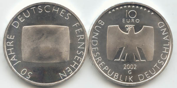 BRD 10 Euro Silber 2002 G 50 Jahre Deutsches Fernsehen st