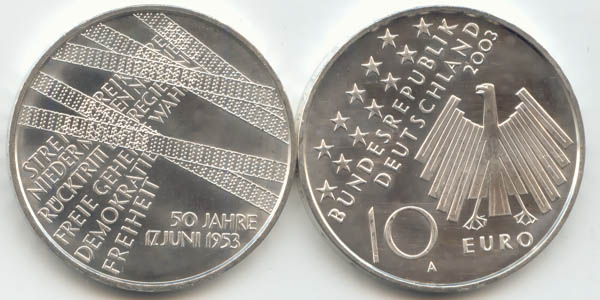 BRD 10 Euro Silber 2003 A Volksaufstand 17. Juni 1953 st