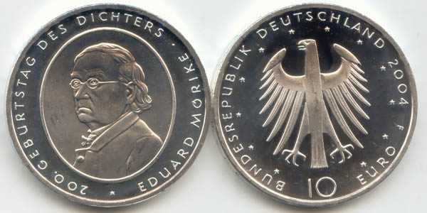 BRD 10 Euro Silber 2004 F 200. Geb. Eduard von Mörike st