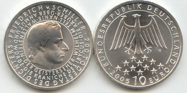 BRD 10 Euro Silber 2005 G Friedrich von Schiller st