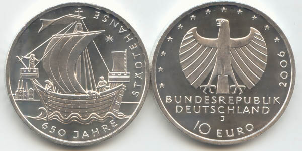 BRD 10 Euro Silber 2006 J 650 Jahre Städtehanse st