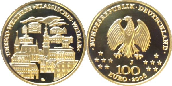BRD 100 Euro 2006 A vz-st original Weimar Anlagegold 15,55g fein Bildseite und Wertseite zusammen ohne Münzkapsel