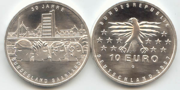 BRD 10 Euro Silber 2007 G 50 Jahre Saarland st