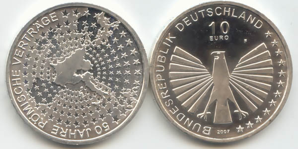 BRD 10 Euro Silber 2007 F 50 Jahre Römische Verträge st