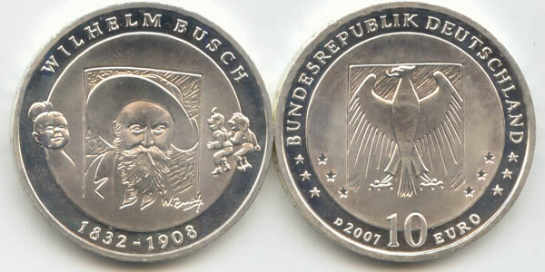 BRD 10 Euro Silber 2007 D 100. Todestag Wilhelm Busch st