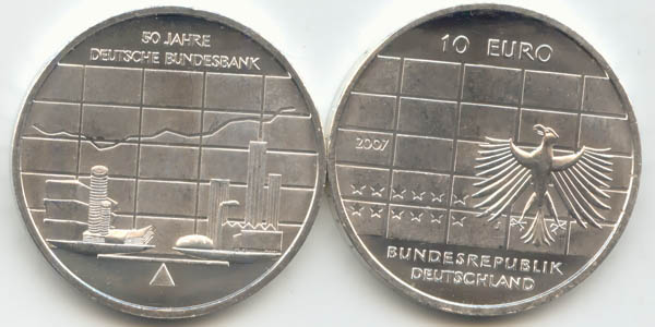 BRD 10 Euro Silber 2007 J 50 Jahre Deutsche Bundesbank st