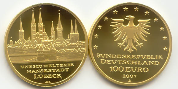 BRD 100 Euro 2007 A vz-st original Lübeck Anlagegold 15,55g fein Bildseite und Wertseite zusammen ohne Münzkapsel