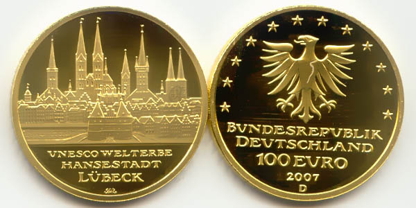 BRD 100 Euro 2007 D vz-st original Lübeck Anlagegold 15,55g fein Bildseite und Wertseite zusammen ohne Münzkapsel