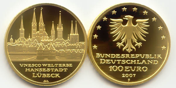 BRD 100 Euro 2007 F vz-st original Lübeck Anlagegold 15,55g fein Bildseite und Wertseite zusammen ohne Münzkapsel