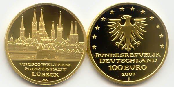 BRD 100 Euro 2007 J vz-st original Lübeck Anlagegold 15,55g fein Bildseite und Wertseite zusammen ohne Münzkapsel